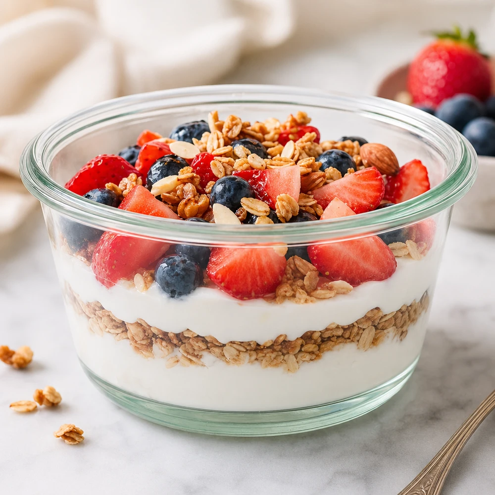 WECK RR100 Verre gourmet de 290 ml avec yaourt granola parfait Baies et noix servies comme bol de petit-déjeuner sain