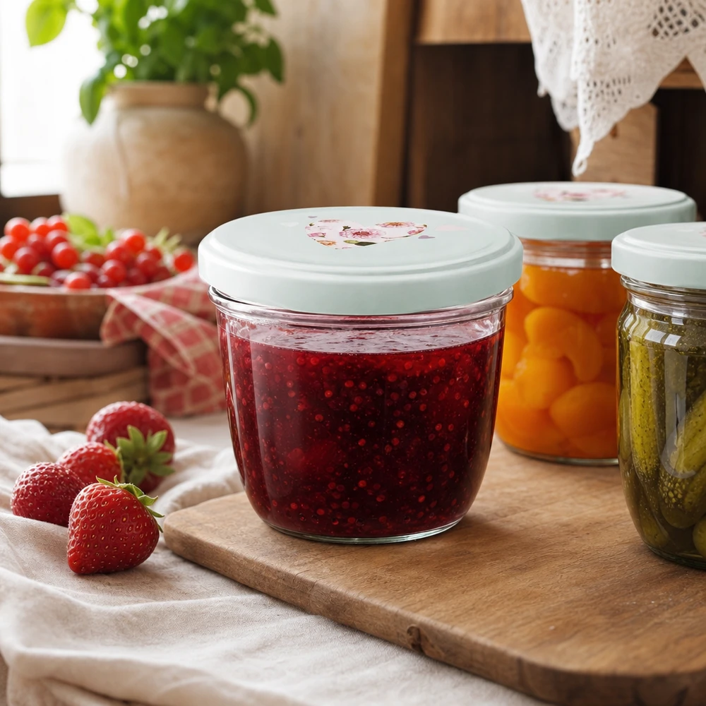 Confiture de fraises en pot renversé de 230 ml avec couvercle BasicSeal Cœur menthe, confiture maison à côté de fraises fraîches