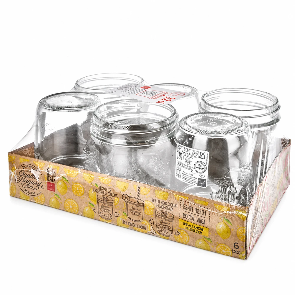 3800ml verre rond « Quattro Stagioni » avec couvercle Bormioli Rocco Quattro Stagioni Lot de 6 bocaux en verre dans un emballage de vente avec un graphisme jaune d'agrumes