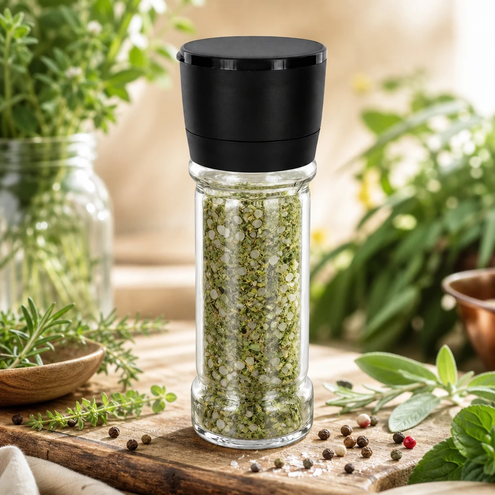 Moulin à épices en verre rempli d’herbes vertes