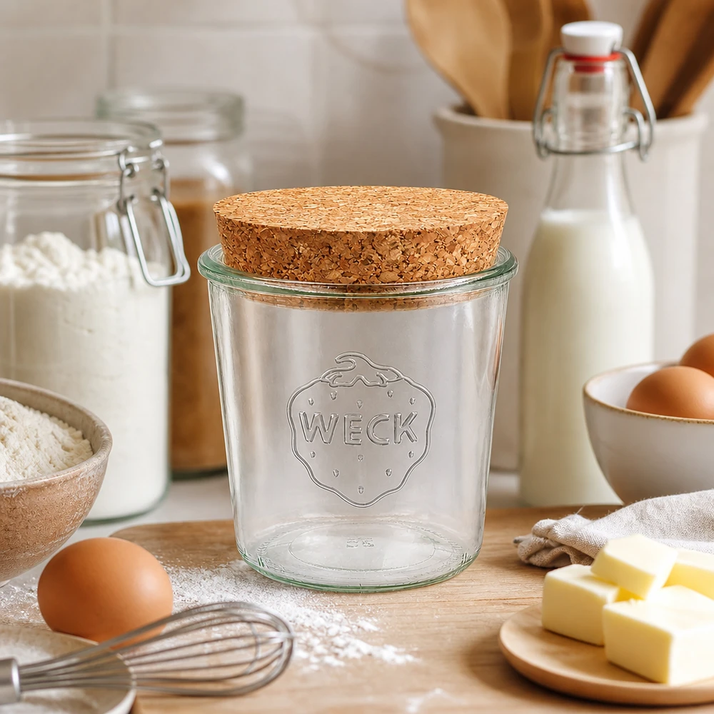 WECK Verre renversé 580ml RR100 avec bouchon en liège naturel, placé dans la cuisine entre la farine, les œufs, le beurre et le lait pour la cuisson.