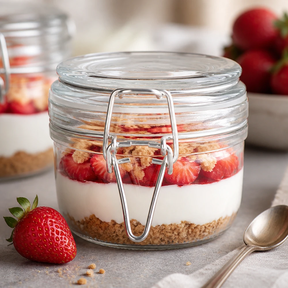 Pot de réserve 200ml type S avec fermeture à étrier UN.. Pot rond de 200 ml avec fermeture à étrier, parfait pour les desserts et les yaourts faits maison.