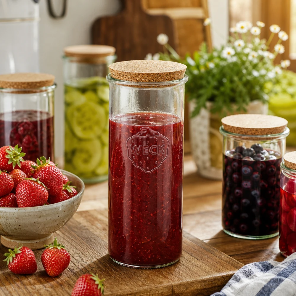 1500ml bocal conique WECK RR100 avec bouchon nature WECK Pot à provisions 1500ml rempli de confiture de fraise Ambiance cuisine Bouchon naturel Couvercle Pot à conserves Utilisation