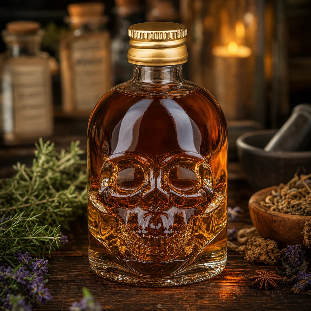 Bouteille en verre 50 ml « Hector » et bouchon à vis doré UNiTWIST® Bouteille en verre de 50ml Hector design tête de mort avec des herbes, des épices et un éclairage d'ambiance de type pharmacie