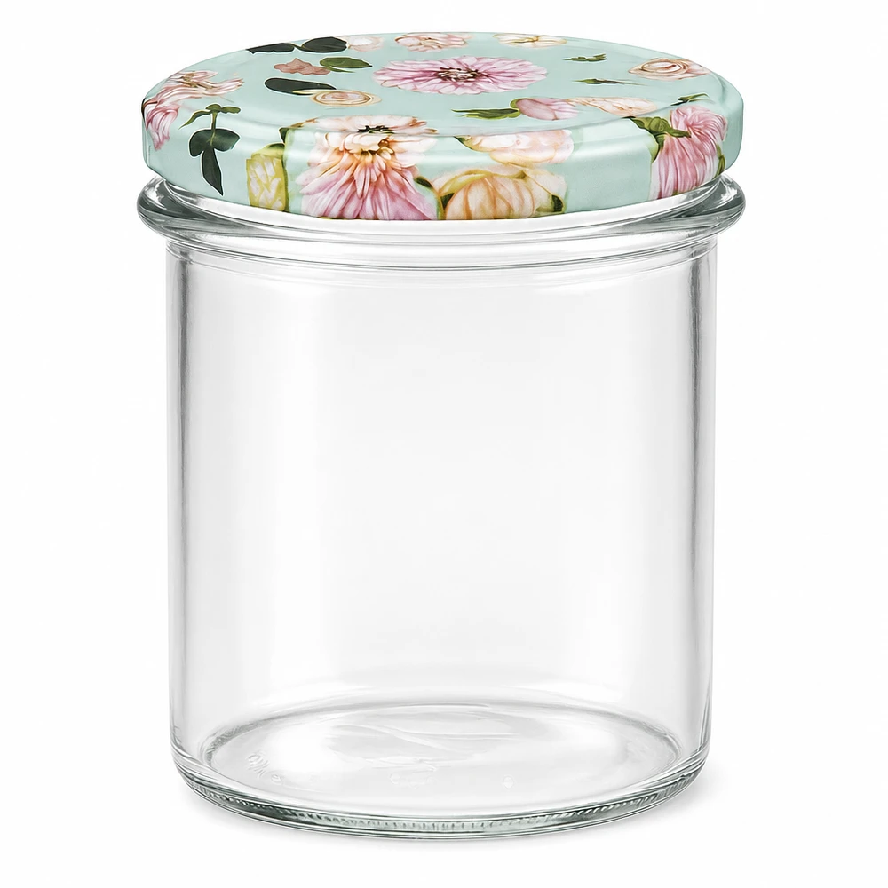 Pot à confiture de 350ml avec couvercle BasicSeal en menthe avec motif de fleurs roses, pot vide pour confitures et conserves
