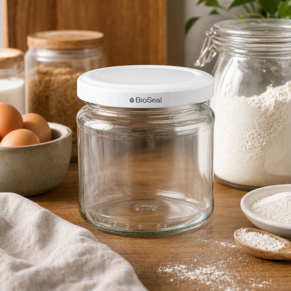 UNiTWIST Runda212 Bocal en verre vide avec couvercle blanc TO66 BioSeal dans la cuisine entre la farine les œufs et les ingrédients de cuisson