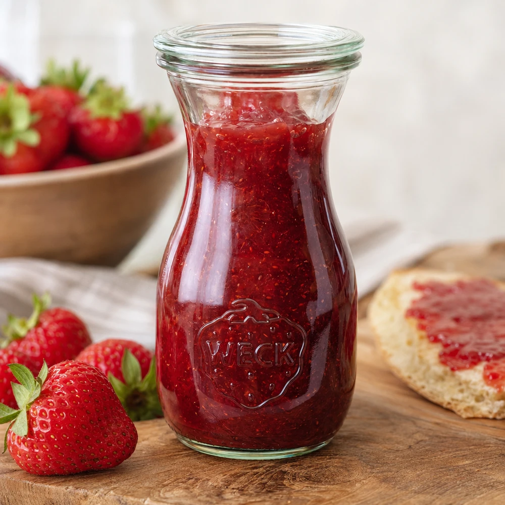 Bouteille à jus de 290 ml avec couvercle en verre WECK RR60 WECK Bouteille de jus 290ml RR60 remplie de confiture de fraises rouges à côté de fraises fraîches et de pain sur une planche en bois