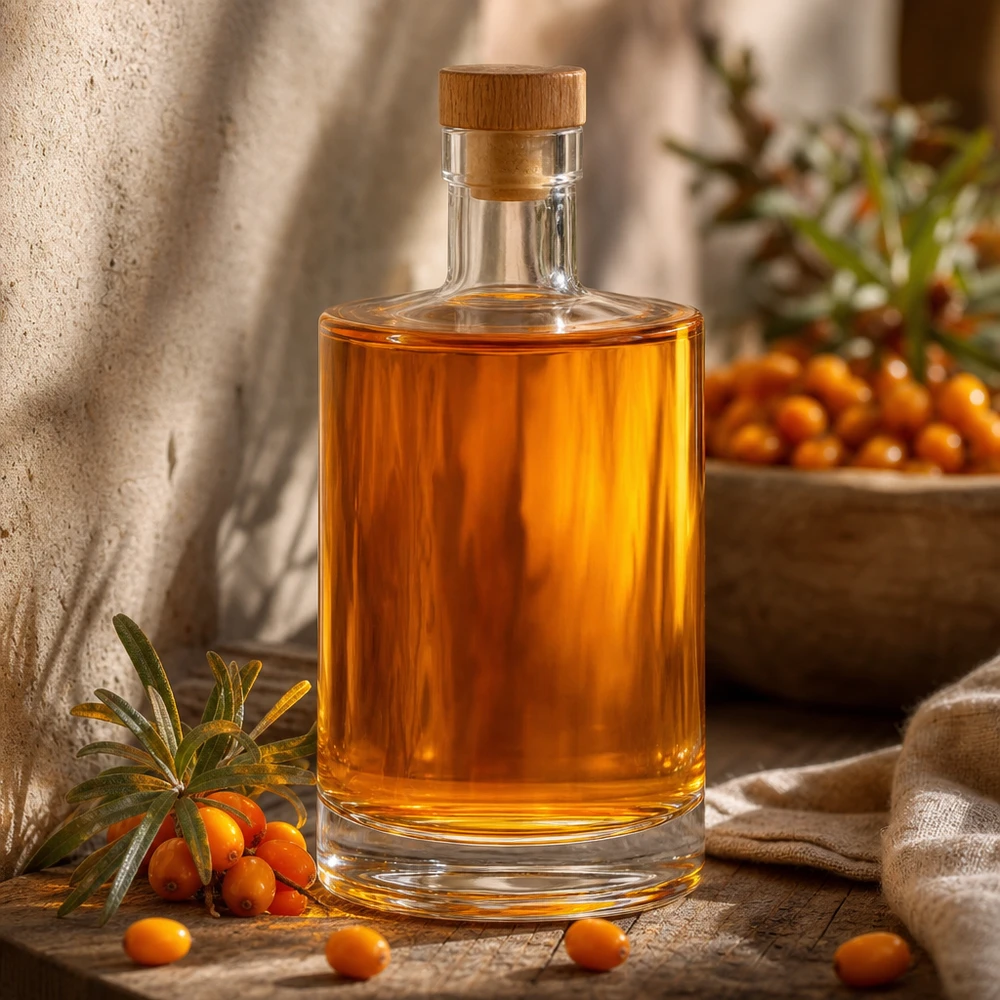 Bouteille en verre Marie de 700 ml au contenu ambré à côté de l'argousier et d'une décoration rustique dans une lumière chaude