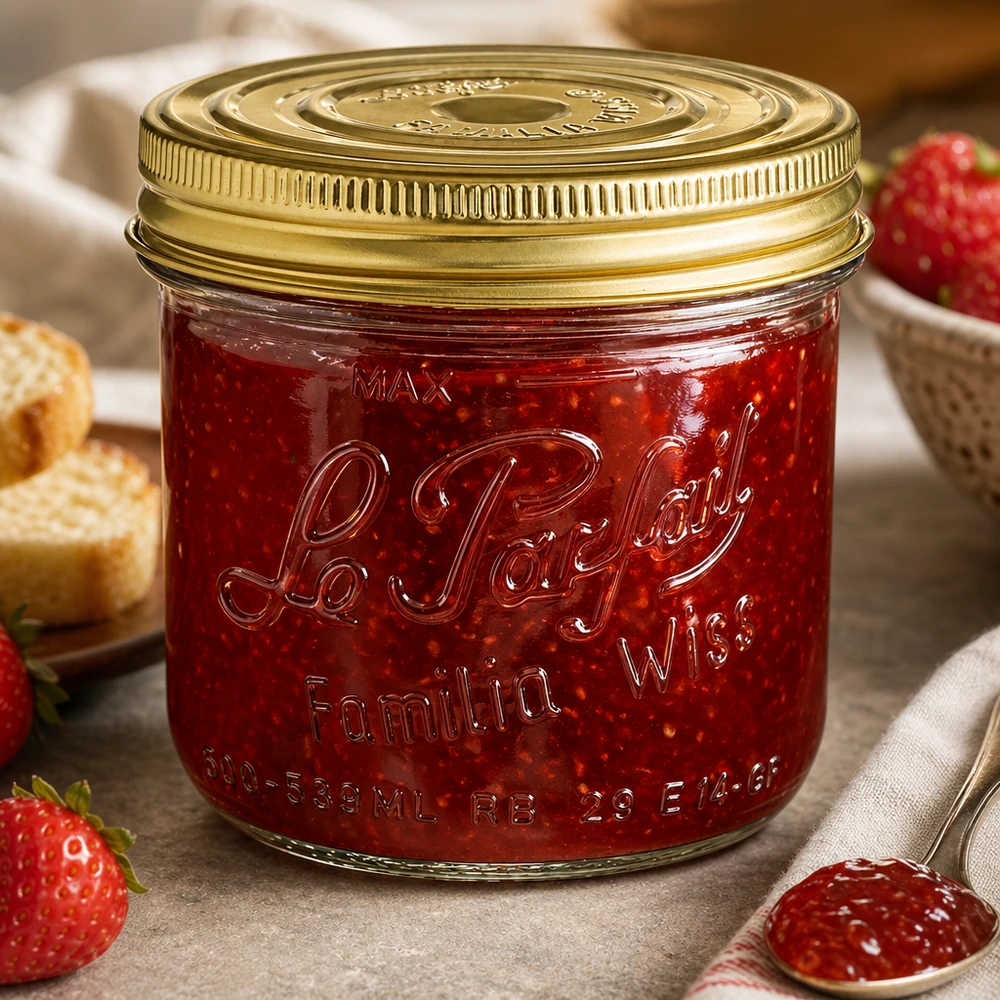 Le Parfait® Familia Wiss 500 g Ø100 mm bocal Pot de 539 ml Familia Wiss avec couvercle doré rempli de confiture rouge à côté de fraises fraîches et de pain