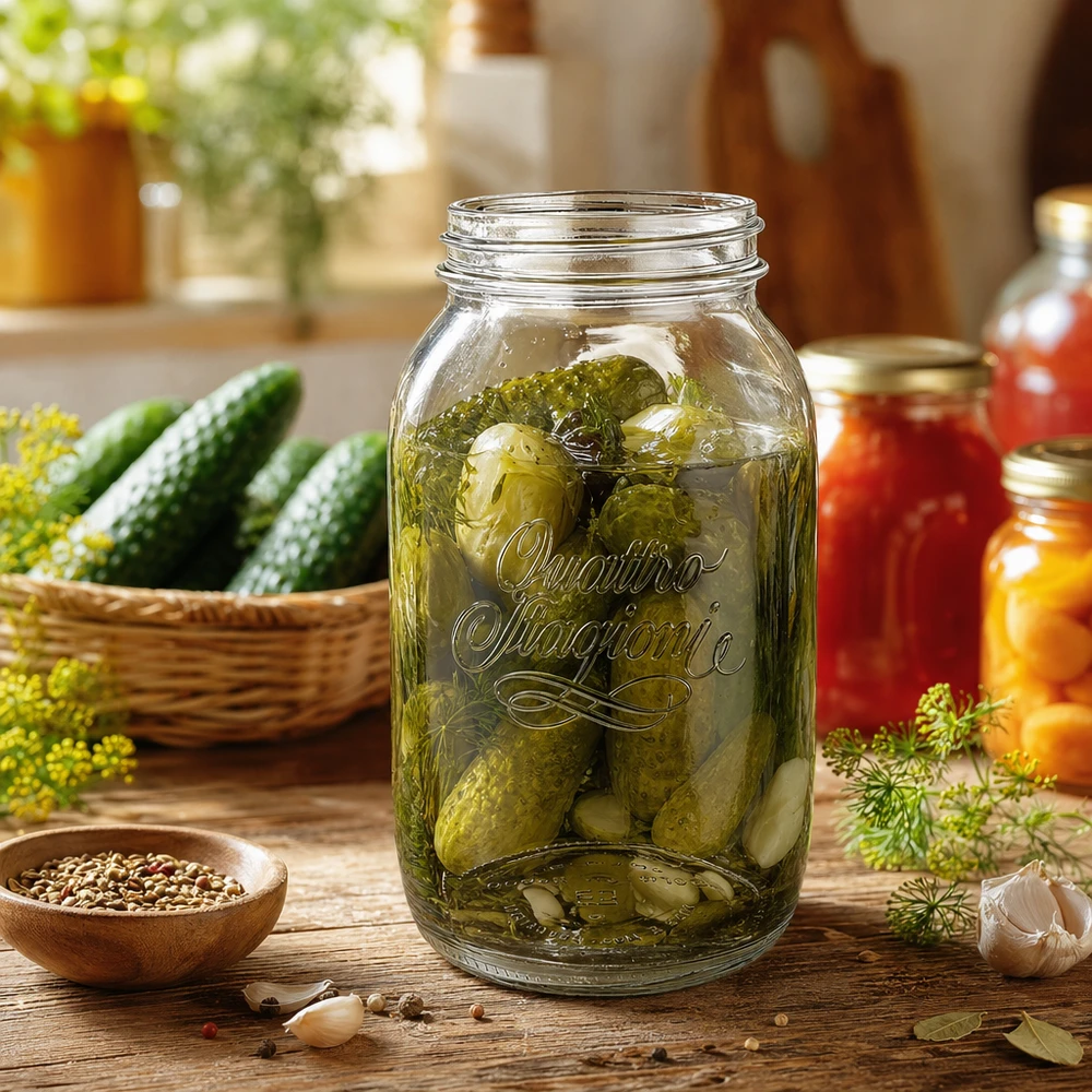 1500ml Verre rond 'Quattro Stagioni' QS86mm 1500ml Quattro Stagioni Bocal ménager rempli de cornichons marinés sur une table en bois avec des ingrédients frais
