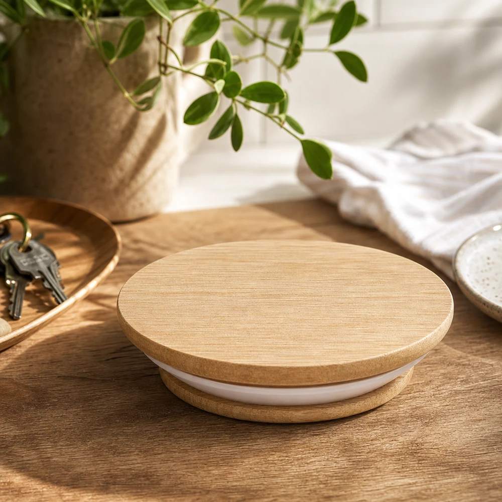 Couvercle en bois RR40 WECK Couvercle en bois WECK RR40 Chêne sur table en bois Lifestyle Ambiance avec plante et décoration Habitat naturel Accessoires de cuisine