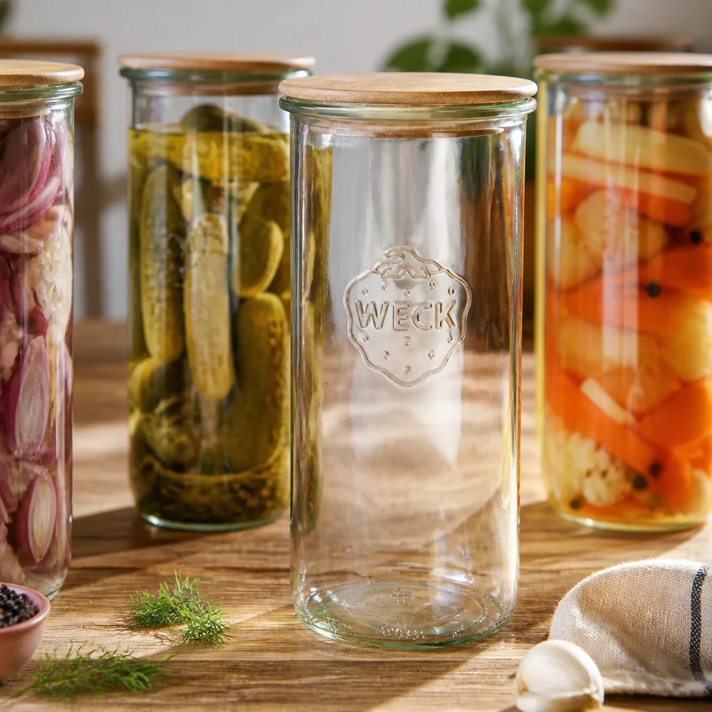 1500ml bocal conique WECK RR100 avec couvercle en bois WECK Bocal 1500ml RR100 avec couvercle en bois entre des légumes marinés sur une table en bois scène de cuisine rustique