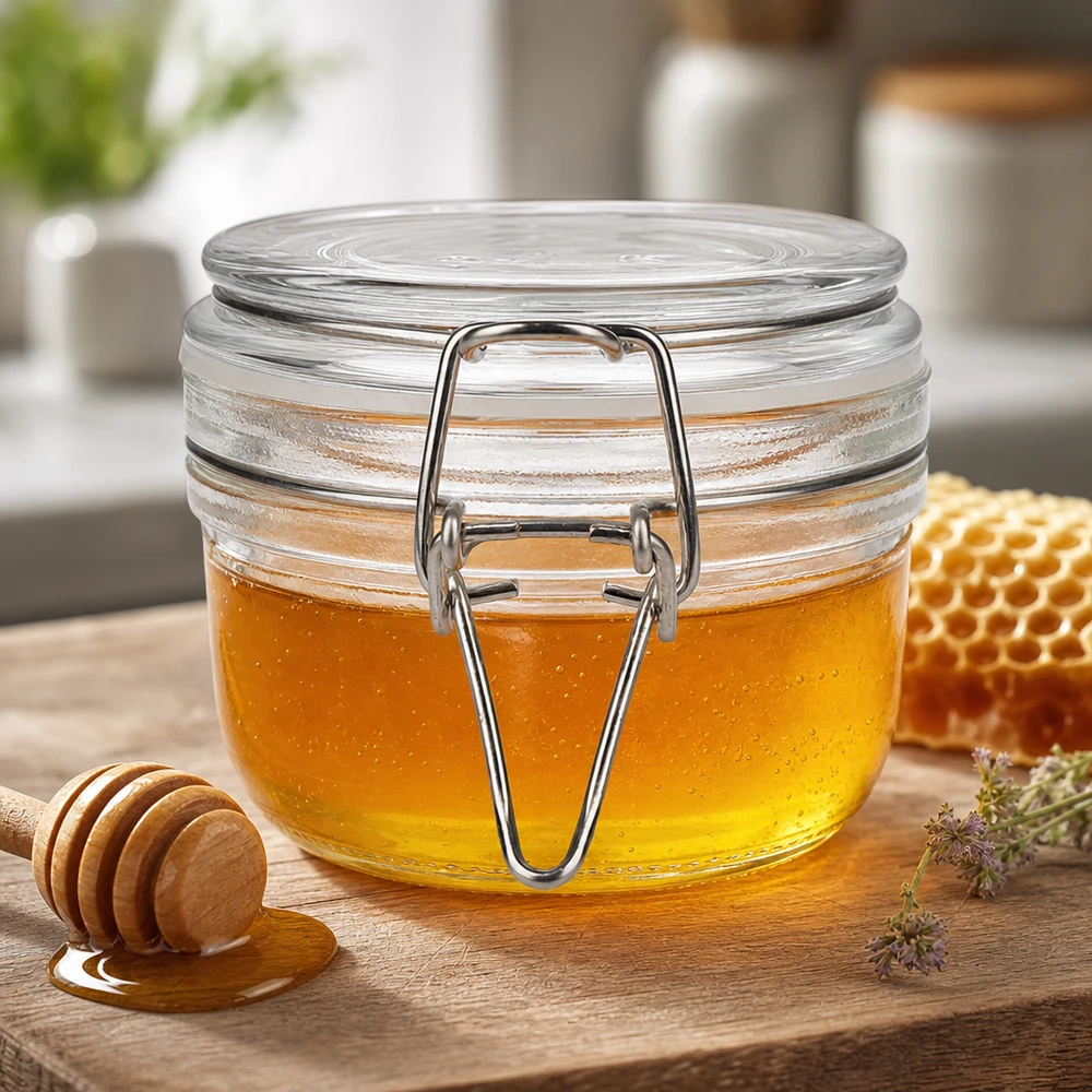 Pot de réserve 200ml type S avec fermeture à étrier UN.. Pot à provisions rond de 200 ml avec fermeture à étrier parfait pour le miel et les pâtes à tartiner sucrées