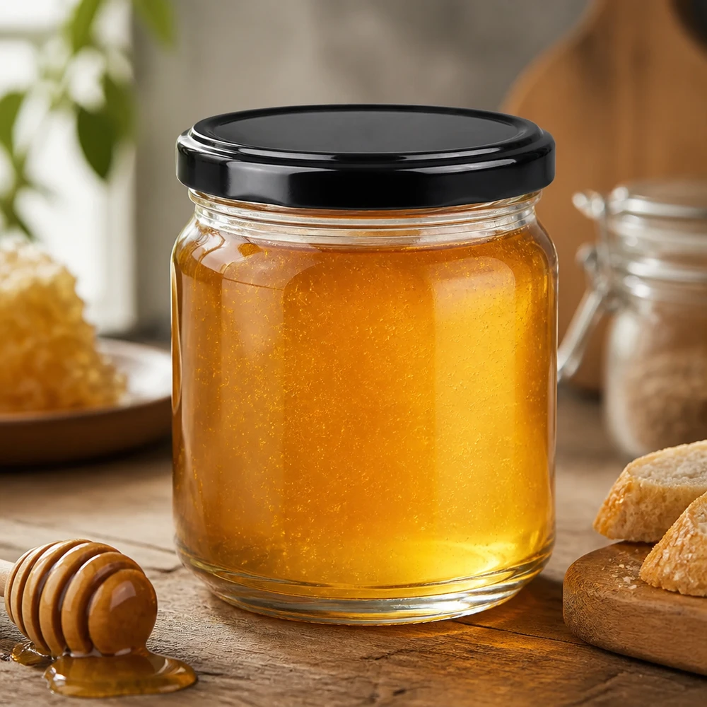 Pot rond de 212 ml avec couvercle noir rempli de miel doré à côté d'une cuillère à miel et d'alvéoles sur une table en bois