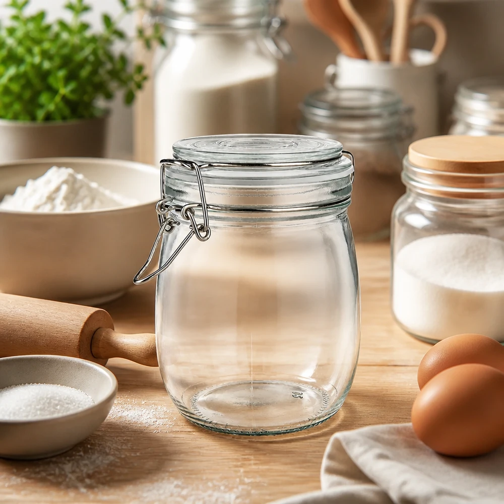 Pot de réserve 750ml type S avec fermeture à étrier UN. Grand bocal de 750 ml avec fermeture à étrier robuste pour la farine, le sucre et les épices dans la cuisine.