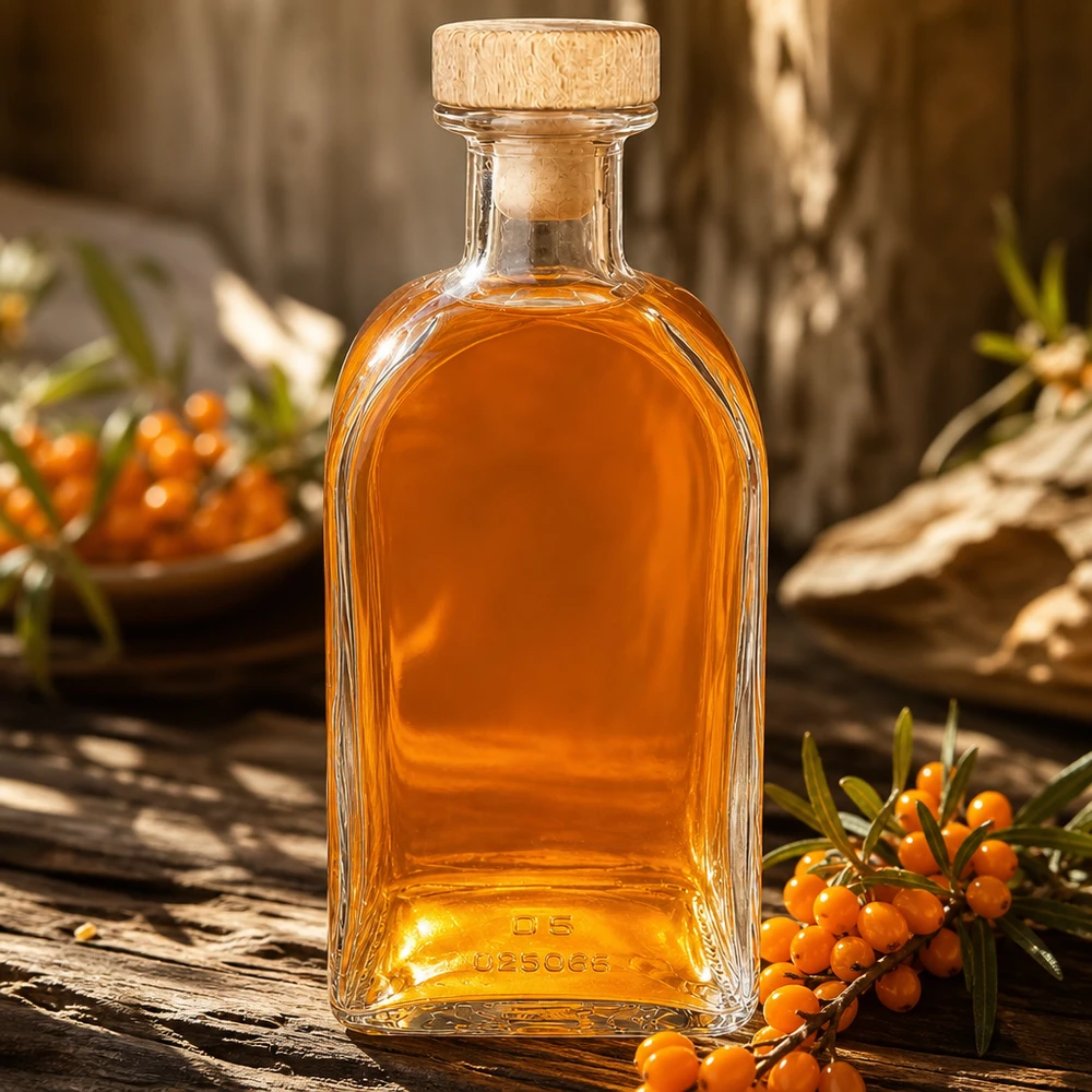 Flacon à pharmacie « Julia » 500 ml avec bouchon en bois UNiTWIST® Bouteille en verre Julia de 500 ml avec bouchon en bois remplie de liquide ambré sur table en bois avec baies d'argousier