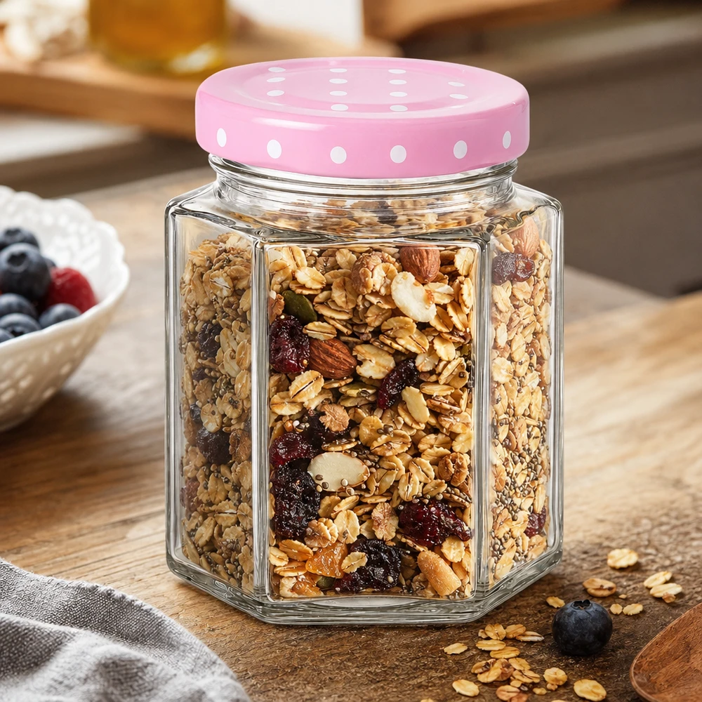 196ml Hexaglas rose couvercle à points rempli de noix de muesli et de fruits secs comme boîte de stockage pratique