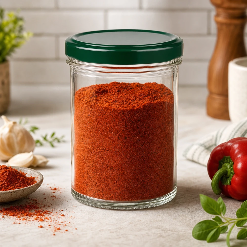 Pot de 350 ml avec couvercle vert rempli de paprika en poudre dans un environnement de cuisine avec des ingrédients frais et des épices