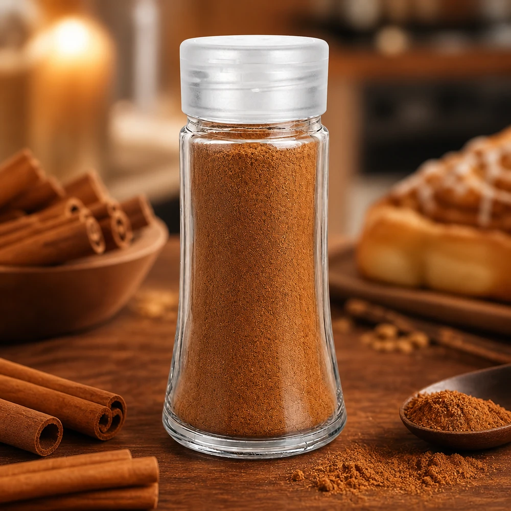 Pot à sel/épices 95 ml avec saupoudreuse, blanc Cannelle en poudre dans un bocal à épices transparent de 95 ml, muni d'un saupoudreur en plastique blanc, posé sur une table en bois