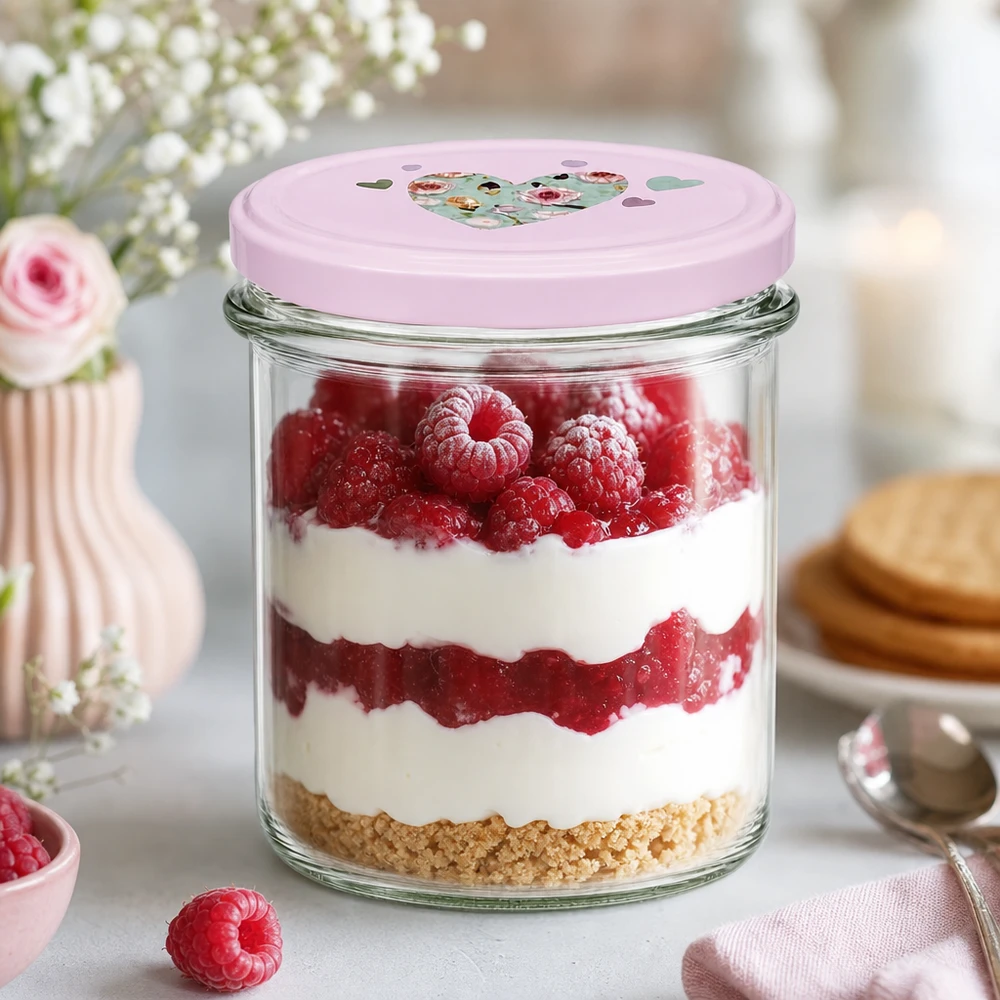 Verres de 350 ml + couvercle BasicSeal rose cur UNiTWIST 350ml Sturzglas rosa Herzdeckel Dessert Tiramisu Himbeer-Schichtdessert Küche Vorratsglas süße Nachspeise servieren