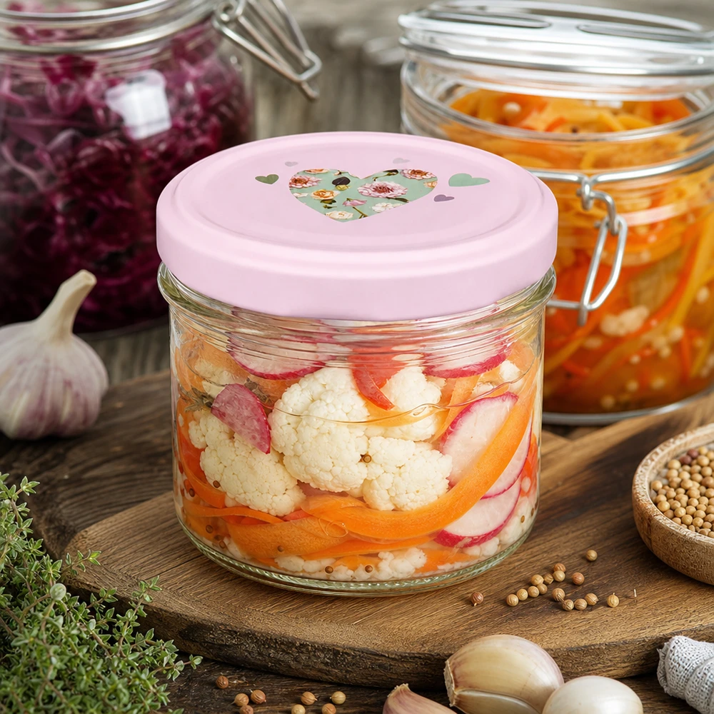Pot de 225 ml avec couvercle rose en forme de cœur pour les légumes marinés et la fermentation à côté des épices et des herbes aromatiques