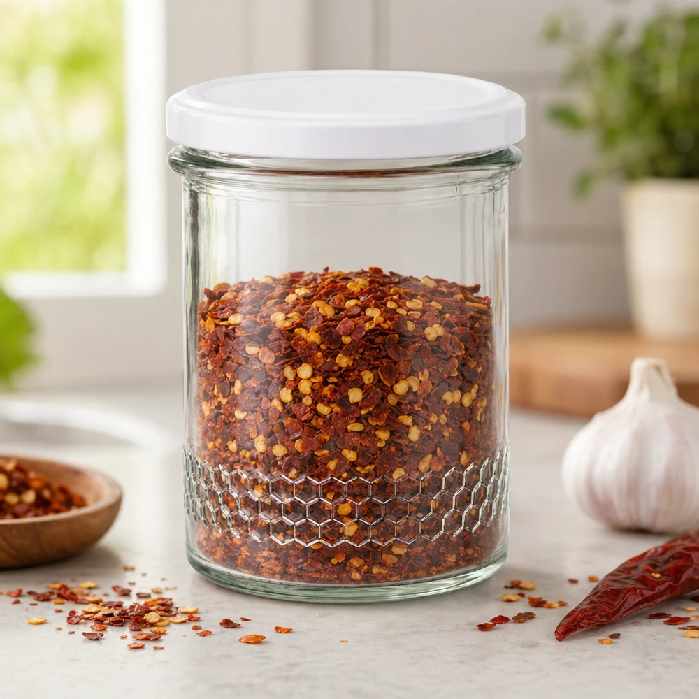 Pot à miel 560 g avec couvercle blanc BasicSeal UNiTWIST Pot à miel de 400 ml avec couvercle blanc comme pot à épices pour flocons de piment Conservation en cuisine Motif en nid d'abeille au fond du pot