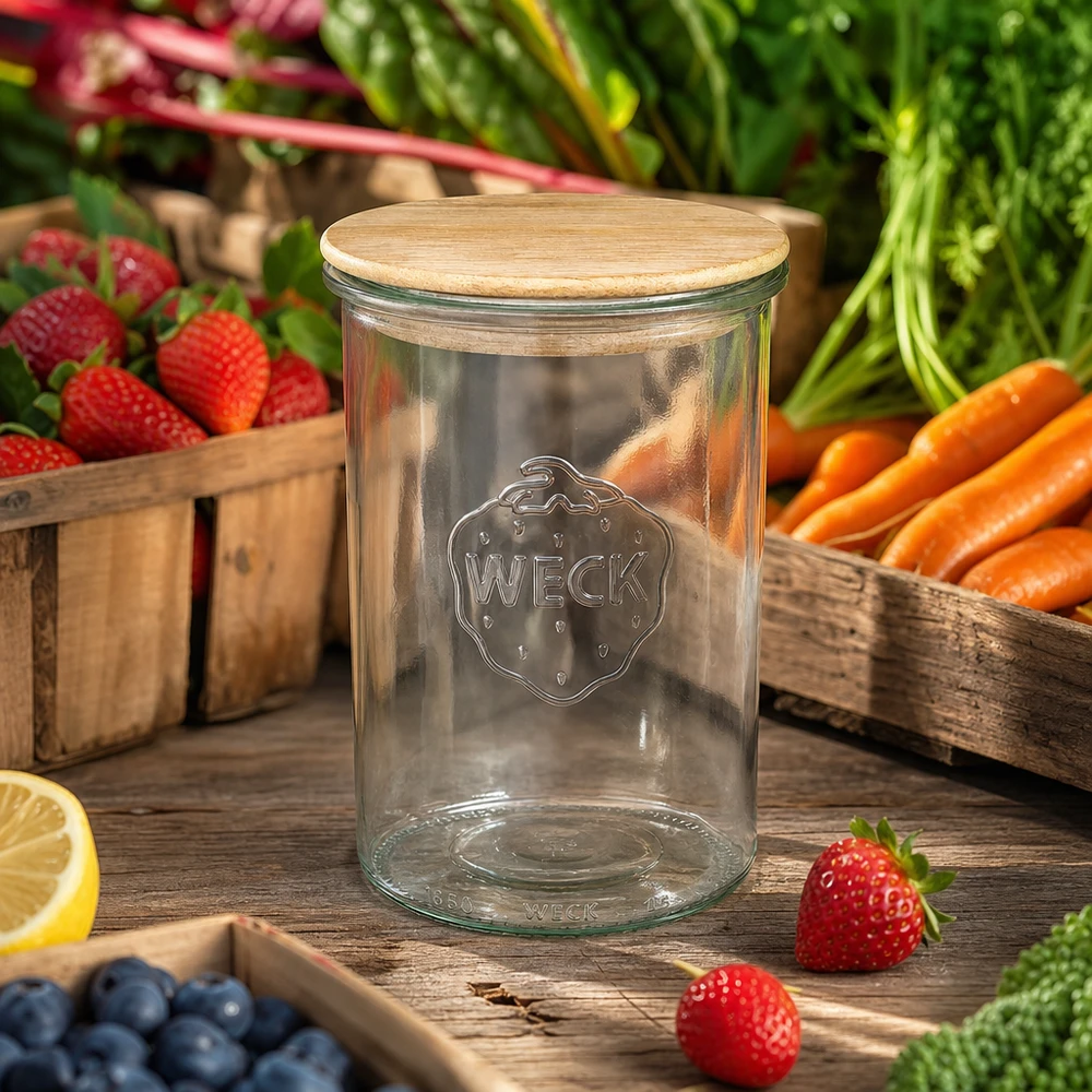 WECK Pot de 1000ml RR100 avec couvercle en chêne entre des fruits et légumes frais sur une table en bois Ambiance cuisine