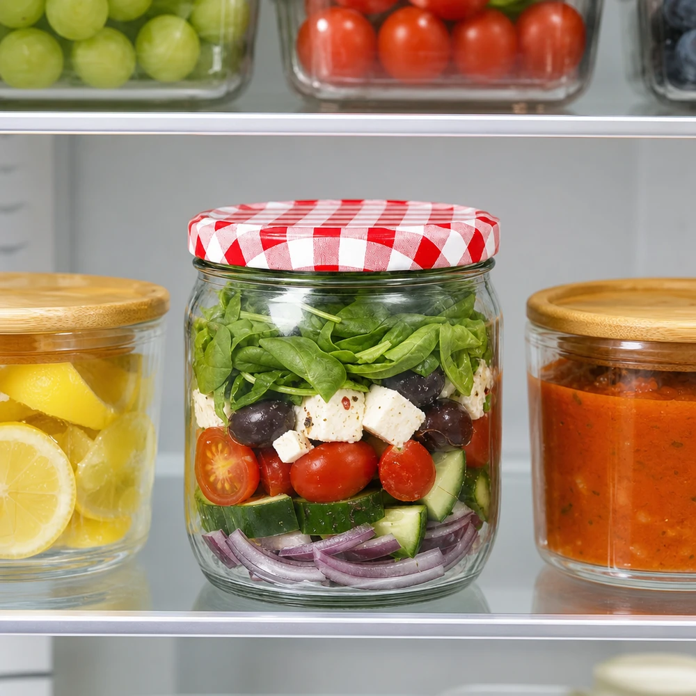 Pot rond de 425ml avec couvercle BasicSeal à carreaux rouges et blancs dans le réfrigérateur, rempli de salade en couches comme Meal Prep