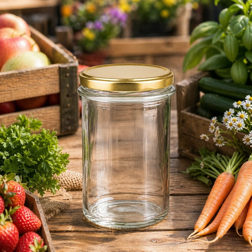 230ml Verre conique avec couvercle BasicSeal or UNiTWIST Verre renversé de 230 ml avec couvercle BasicSeal doré UNiTWIST au jardin entre les légumes frais, les herbes et les fruits
