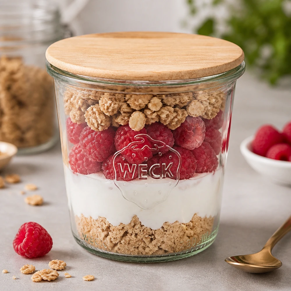 290ml bocal conique haut WECK RR80 avec couvercle en bois WECK Verre renversé 290ml RR80 avec couvercle en bois comme verre à dessert avec yaourt framboises et céréales dans la cuisine