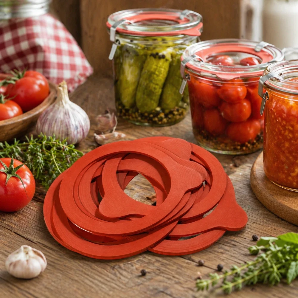 Anneau de cuisson RR80 en caoutchouc naturel pour bocaux dans une scène de cuisine avec des légumes et des conserves.