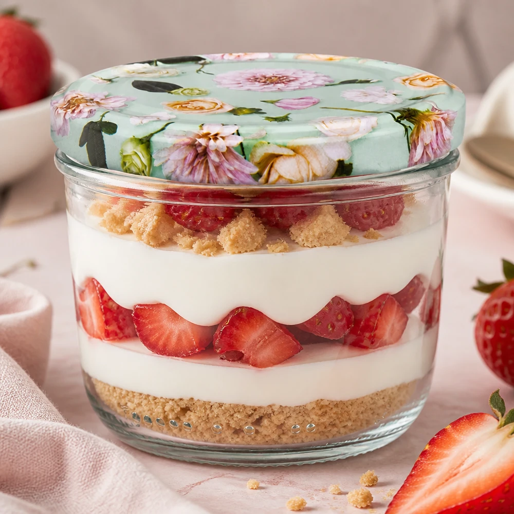 Verres de 230 ml + couvercle BasicSeal fleur menthe UNiTWIST Sturzglas 230ml mit BasicSeal Deckel Blume mint als stylische Dessertschale für Tiramisu mit Erdbeeren verwendet