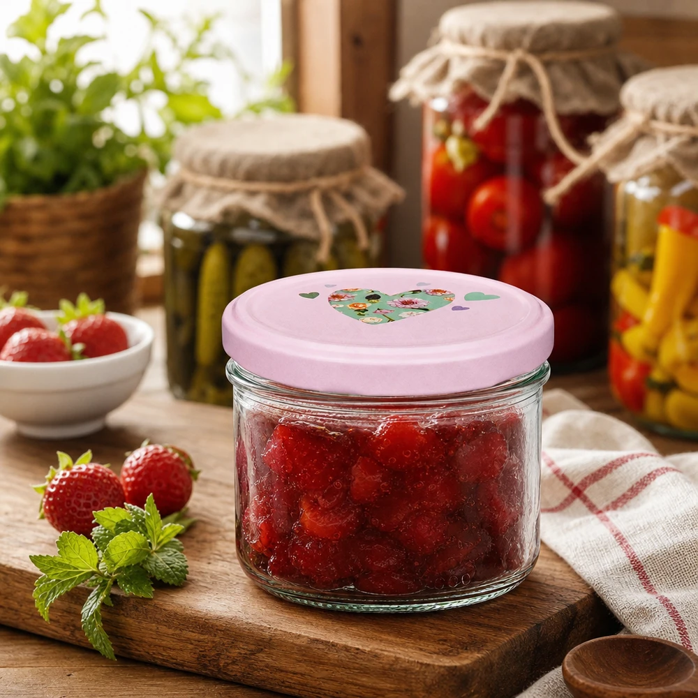 Pot cylindrique de 230ml avec couvercle rose en forme de cœur rempli de confiture de fraises sur planche en bois dans une cuisine rustique