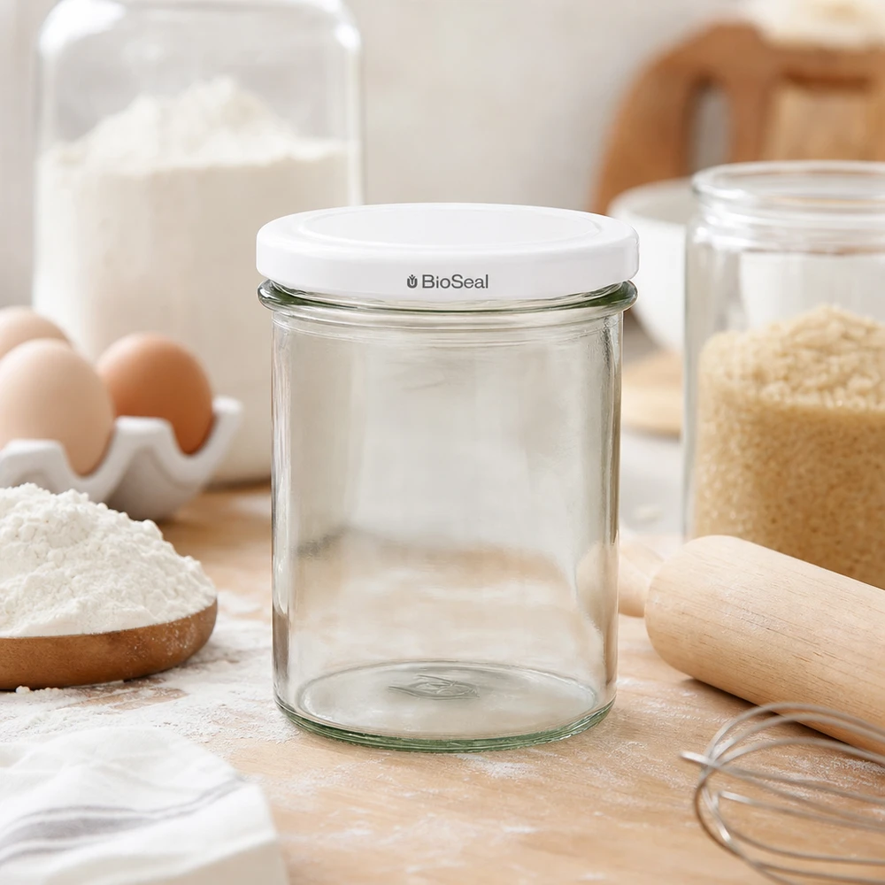 UNiTWIST Sturz350 verre vide en scène de pâtisserie avec des œufs de farine et des ustensiles de cuisine montre une utilisation polyvalente TO82 BioSeal