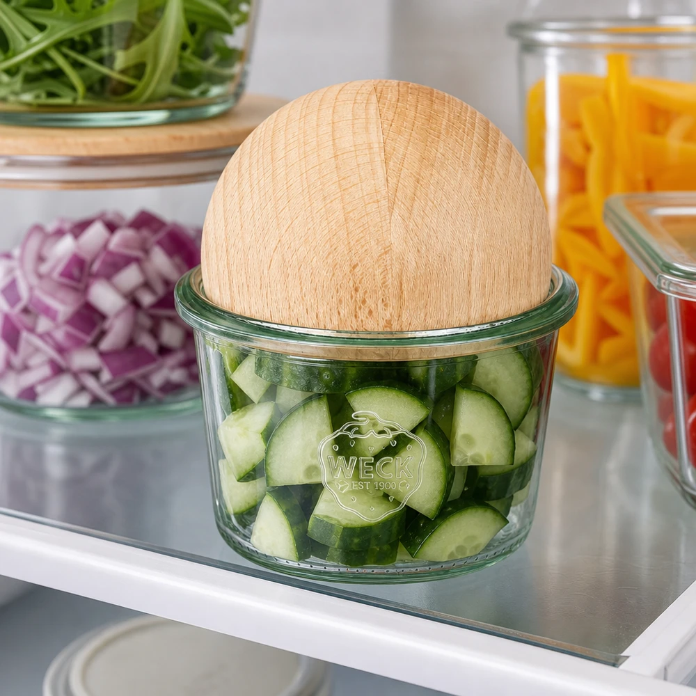 WECK Pot renversé 80ml RR60 avec couvercle en forme de boule en hêtre dans le réfrigérateur avec des cornichons coupés pour conserver la fraîcheur