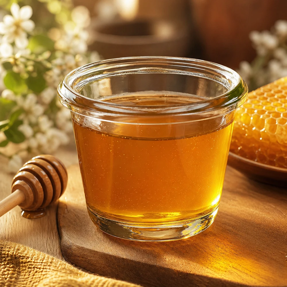 80ml bocal gourmet WECK RR60 Pot gourmet WECK RR60 de 80 ml rempli de miel jaune doré à côté d'un nid d'abeille et d'une cuillère à miel sur une planche en bois