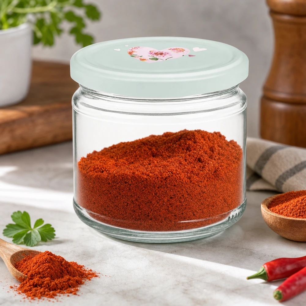 Bocal rond de 330 ml + couvercle BasicSeal cur menthe UNiTWIST 330ml bocal rond rempli de paprika rouge en poudre BasicSeal couvercle motif cœur menthe bocal à épices bocal à provisions cuisine