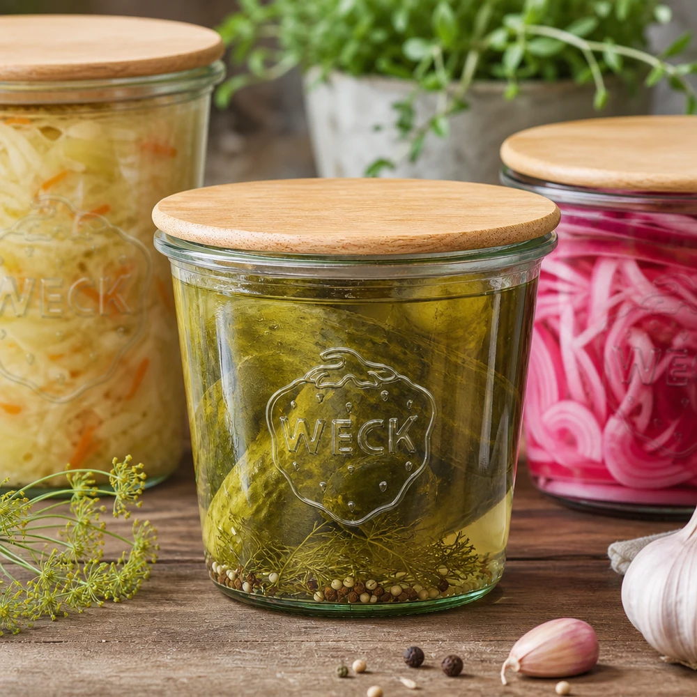 WECK Pot de 580ml avec couvercle en bois rempli de cornichons marinés, scène de cuisine avec des herbes fraîches et de l'ail
