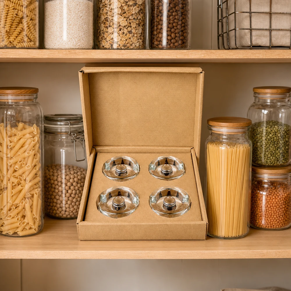 Ensemble de 4 poids en verre UNiTWIST Poids pour bocaux de fermentation, set de 4, sur l'étagère de stockage entre les bocaux de pâtes et de légumineuses