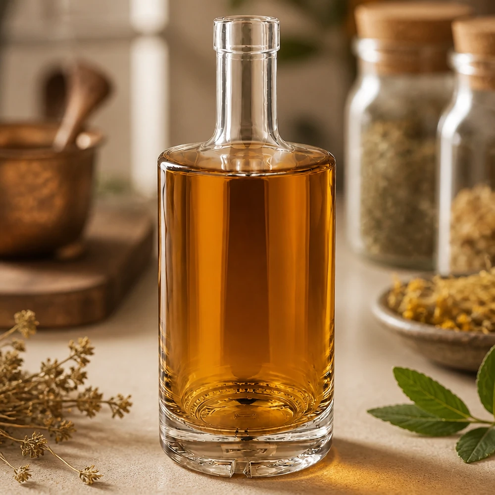 Bouteille en verre Nora de 500 ml remplie d'huile ambrée entre les épices et les herbes dans une cuisine chaude UNiTWIST