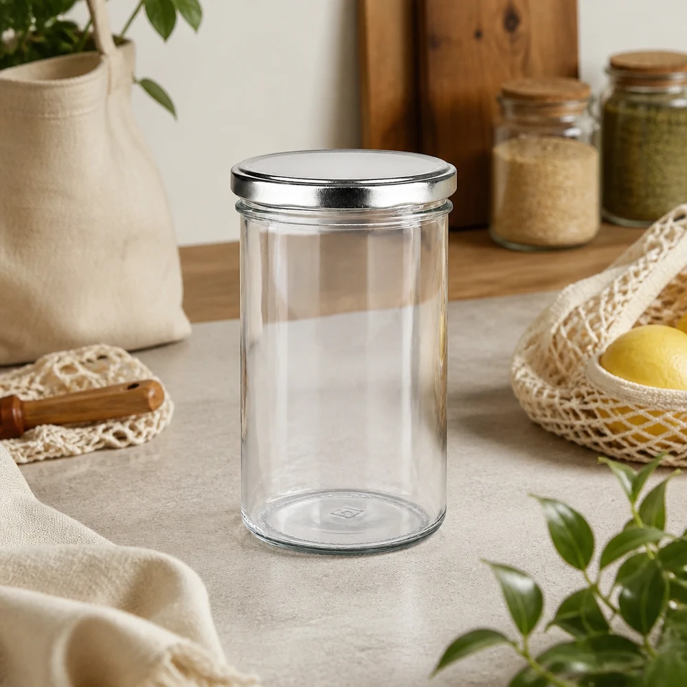 Verre renversé de 277 ml avec couvercle BasicSeal argenté dans la cuisine durable Zero-Waste à côté de la vannerie et des bocaux à provisions