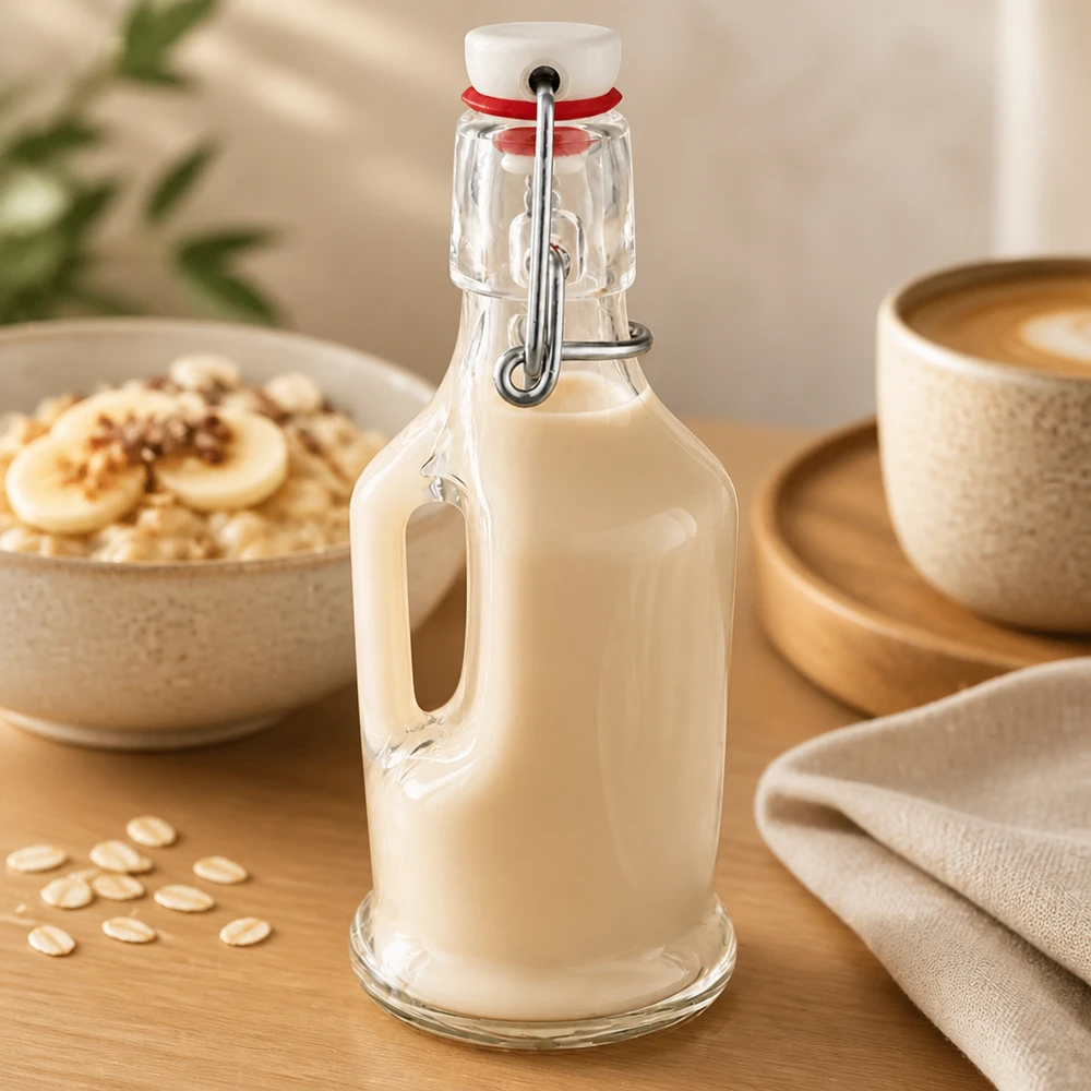 Bouteille en verre 200 ml « Bertha » et bouchon à étrier en PVC UNiTWIST® Glasflasche Bertha 200ml mit cremiger Hafermilch befüllt, Bügelverschluss UNiTWIST, Frühstücksszene mit Müsli und Kaffee