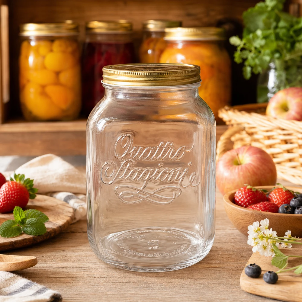 3000ml verre rond « Quattro Stagioni » avec couvercle Pot de conserve Quattro Stagioni de 3000 ml dans une cuisine rustique avec des fruits frais et des conserves en arrière-plan