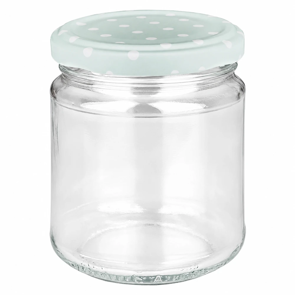 Pot rond 212 ml + couvercle BasicSeal pois menthe UNiTWIST Pot rond de 212 ml avec couvercle BasicSeal vert menthe et pois blancs, pot à confiture vide sur fond blanc