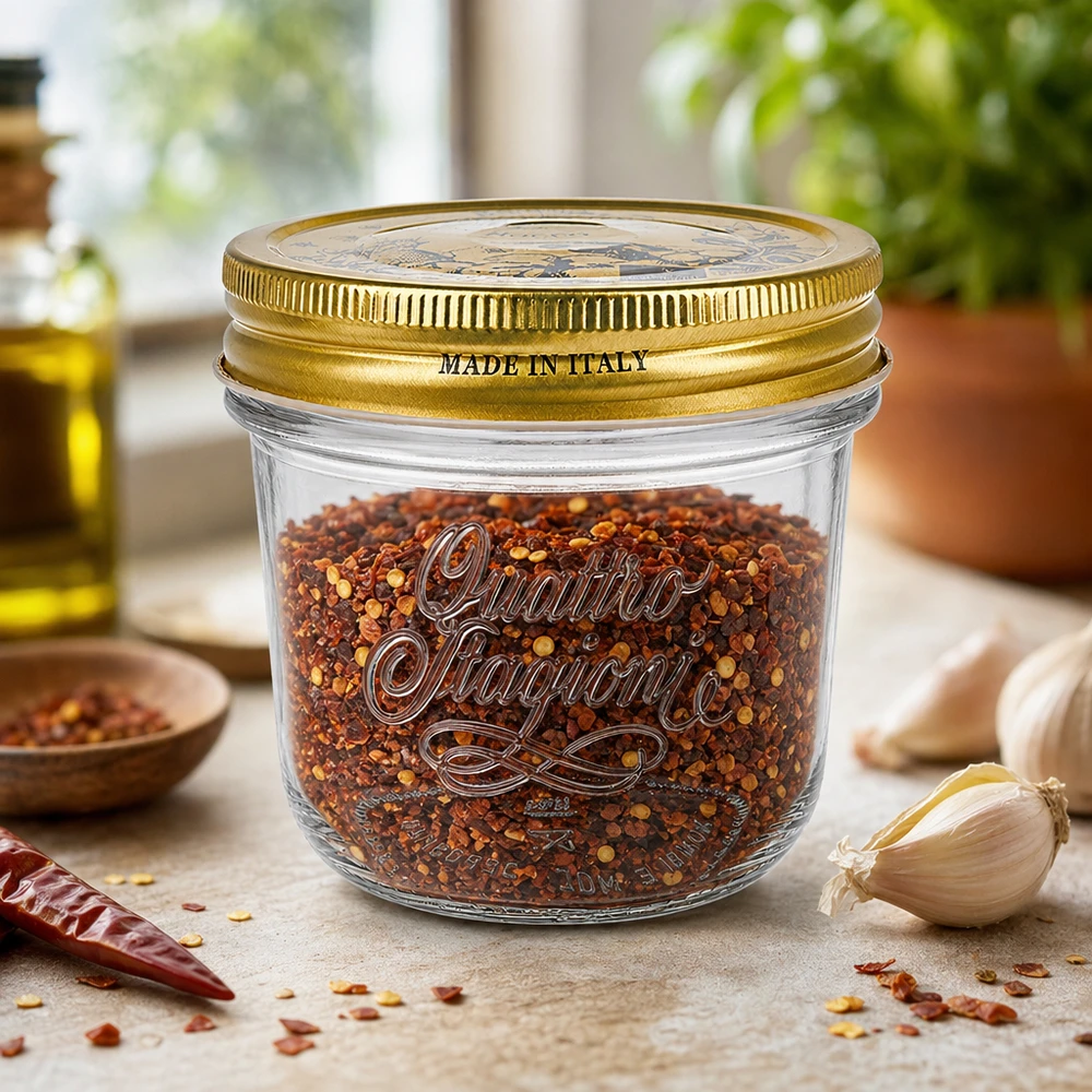 Verre renversé de 200 ml « Quattro Stagioni » avec couvercle 200ml Quattro Stagioni Verre renversé avec couvercle doré rempli de mélange d'épices au piment Made in Italy sur plan de travail de cuisine
