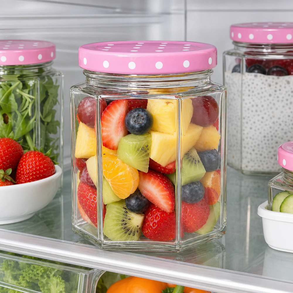 Pot hexagonal de 196 ml + couvercle BasicSeal rose à pois UNiTWIST 196ml Hexaglas rose couvercle à points rempli de salade de fruits frais dans le réfrigérateur montre la conservation idéale de la nourriture.