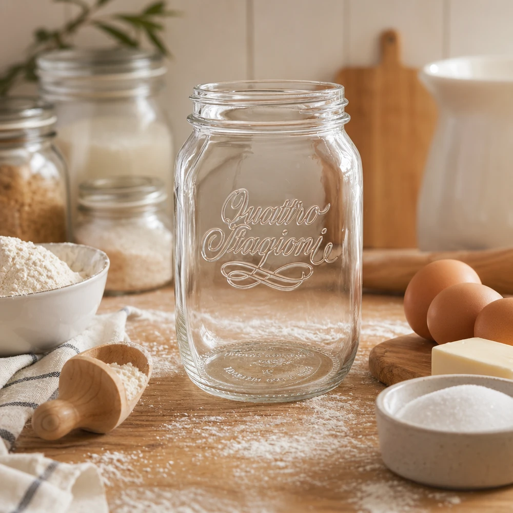 1000ml Verre rond "Quattro Stagioni" QS86mm 1000ml Quattro Stagioni Verre de ménage vide sur table en bois avec ingrédients de cuisson farine œufs et ustensiles de cuisine