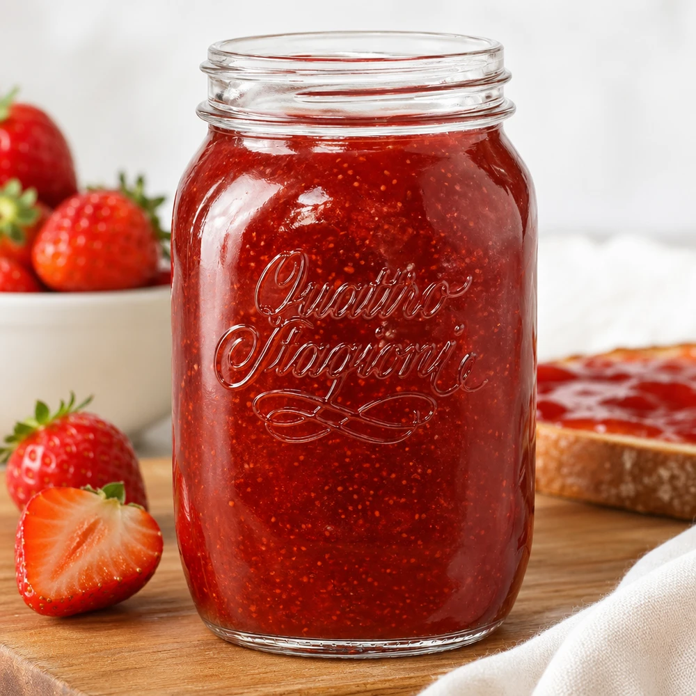 1000ml Verre rond "Quattro Stagioni" QS86mm Quattro Stagioni 1000ml pot ménager rempli de confiture de fraises rouges à côté de fraises fraîches sur planche en bois