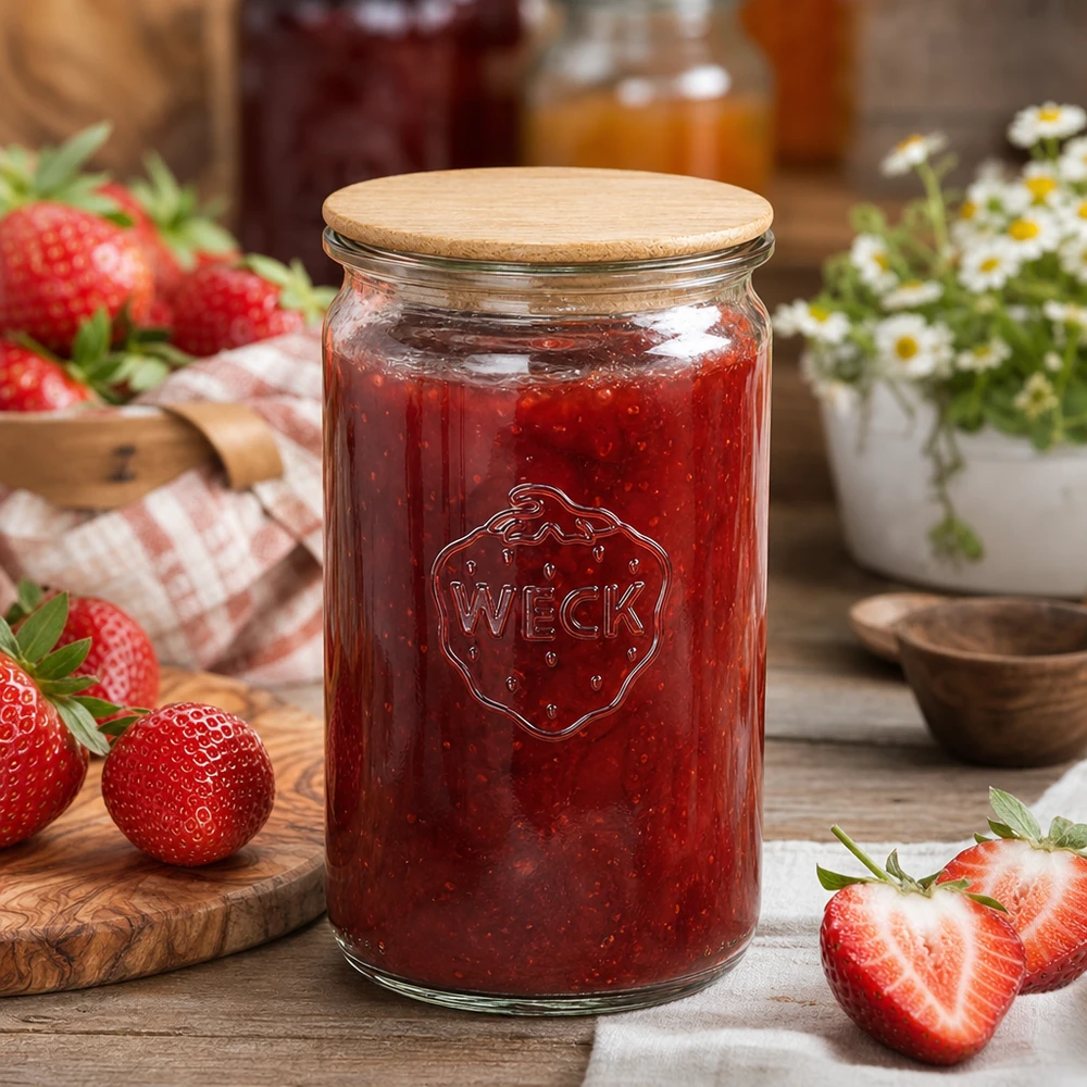 340ml bocal cylindrique WECK RR60 avec couvercle en bois WECK Pot à provisions 340ml rempli de confiture de fraises à côté de fraises fraîches sur une table en bois rustique