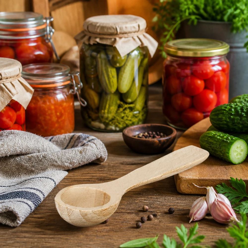 Petite pelle en bois dans une cuisine rustique avec des bocaux d'épices et d'herbes fraîches Ambiance cuisine